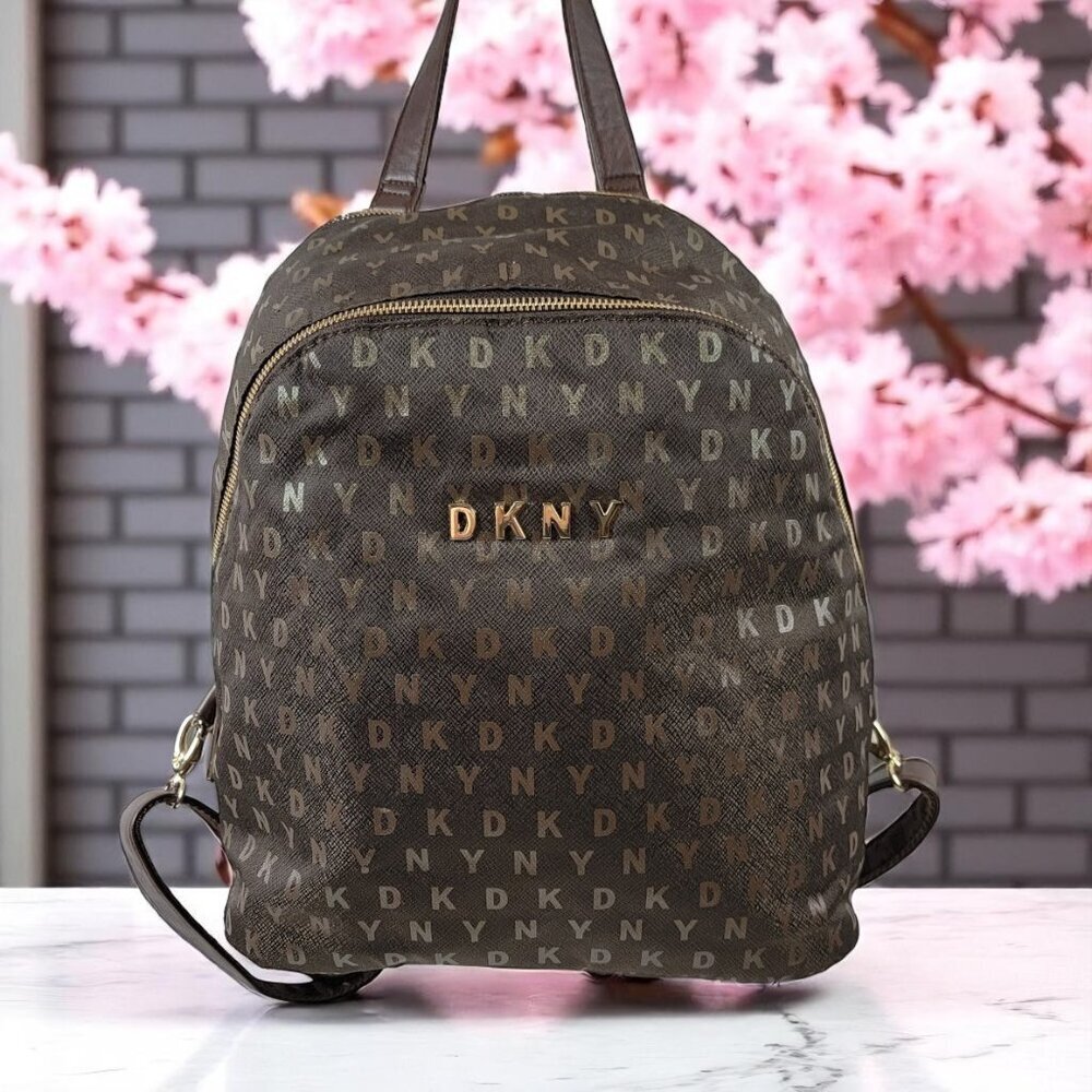 DKNY Logo Monogram Backpack | Brown Faux Leather Bookbag